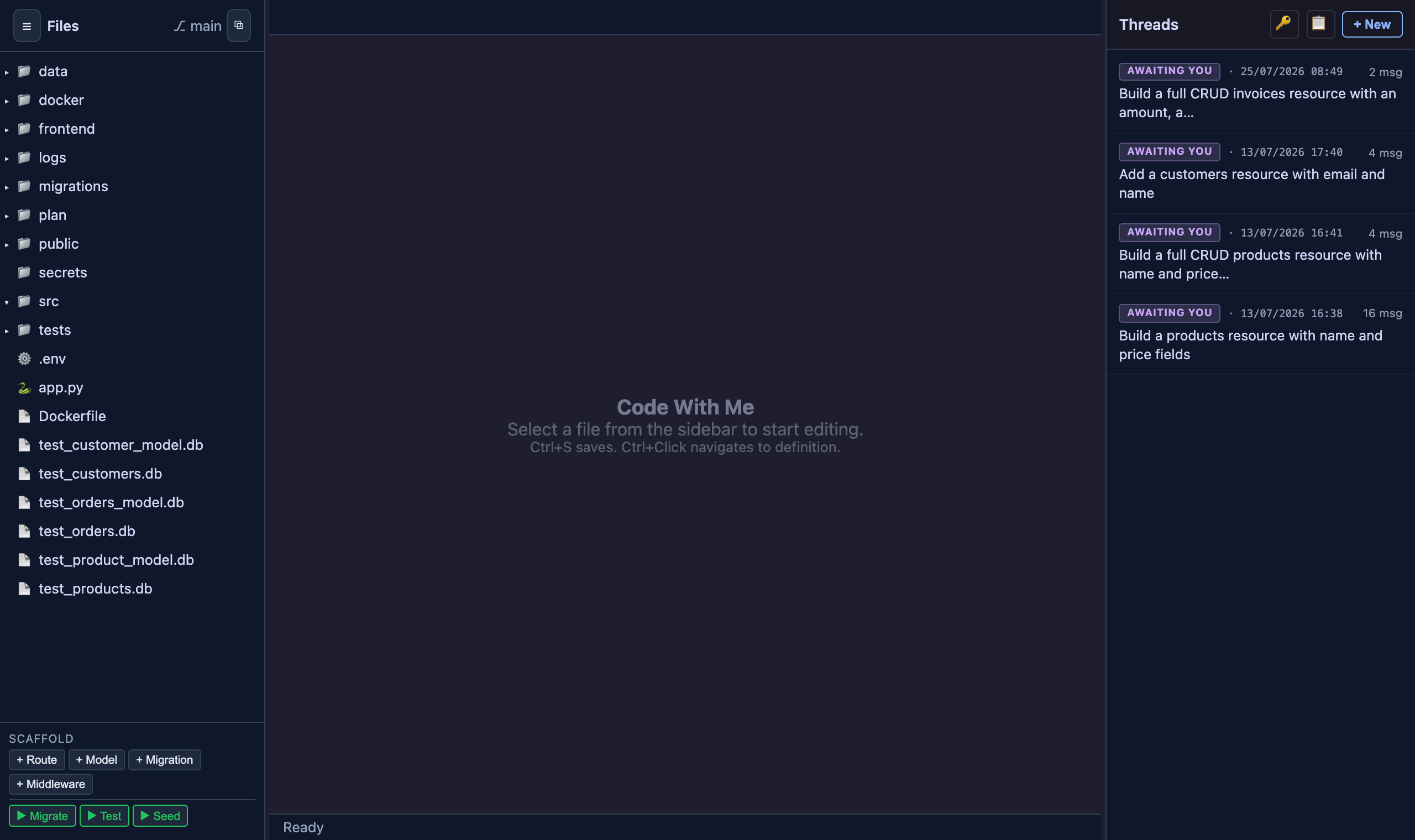 The Tina4 dev admin: a file tree on the left, an editor in the middle, and the Threads panel on the right